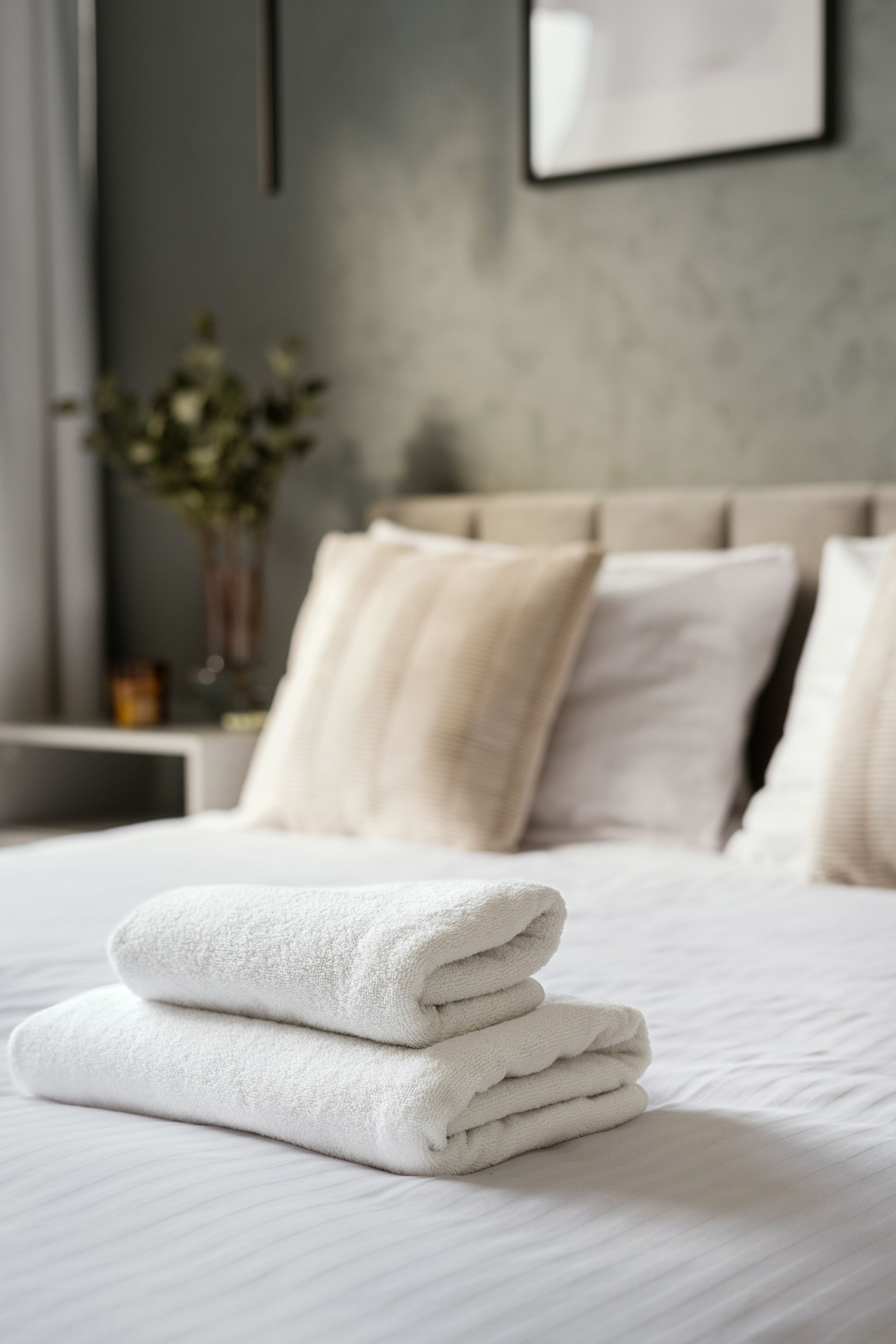 Bed neatly made with a white blanket and two folded towels on top